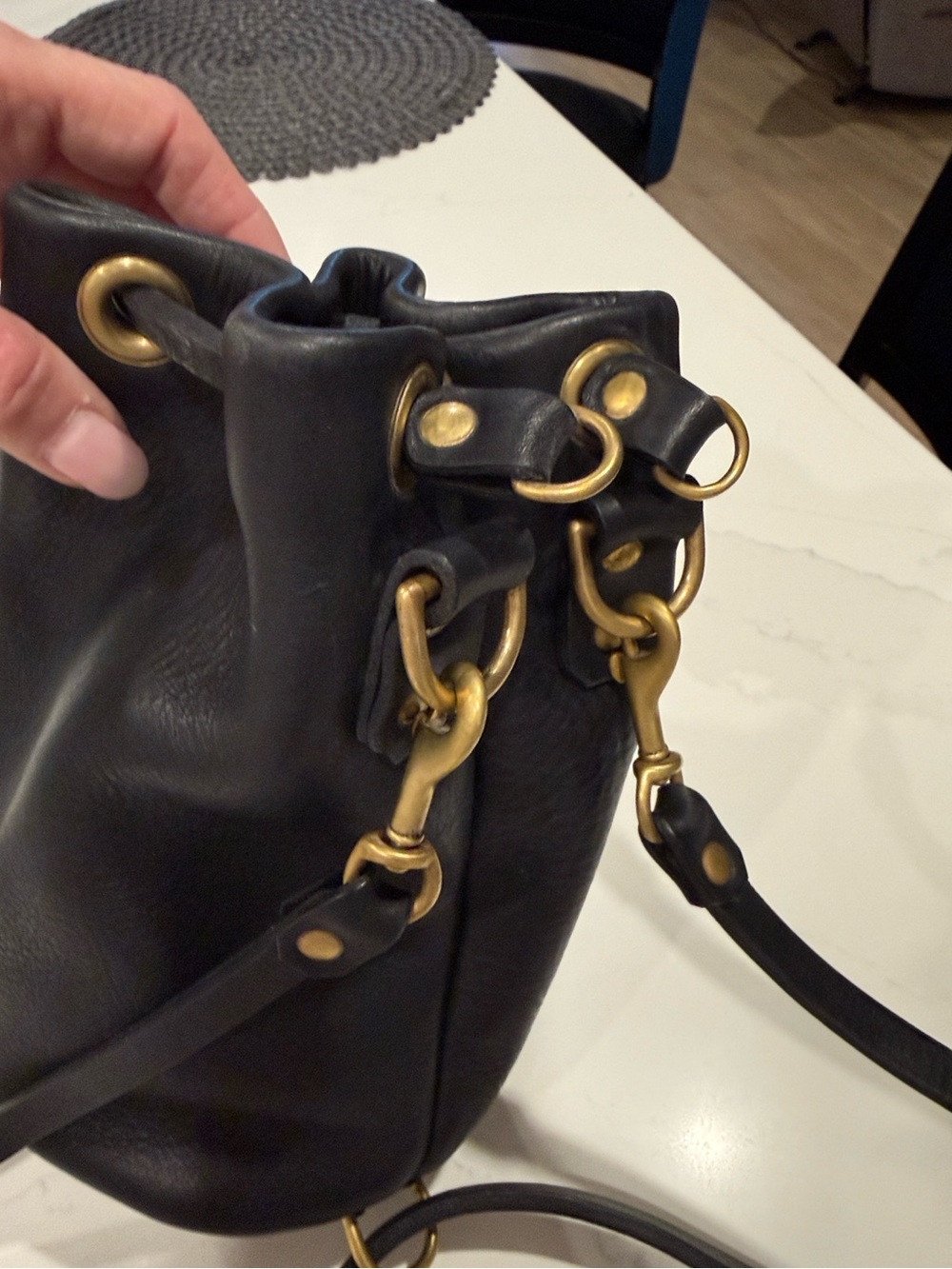 Black Leather Drawstring Bucket Bag - Picture 3 of 10